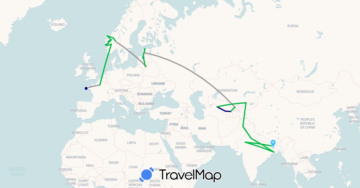TravelMap itinerary: driving, bus, plane, cycling, hiking, boat in Estonia, France, India, Kyrgyzstan, Lithuania, Latvia, Norway, Pakistan, Uzbekistan (Asia, Europe)